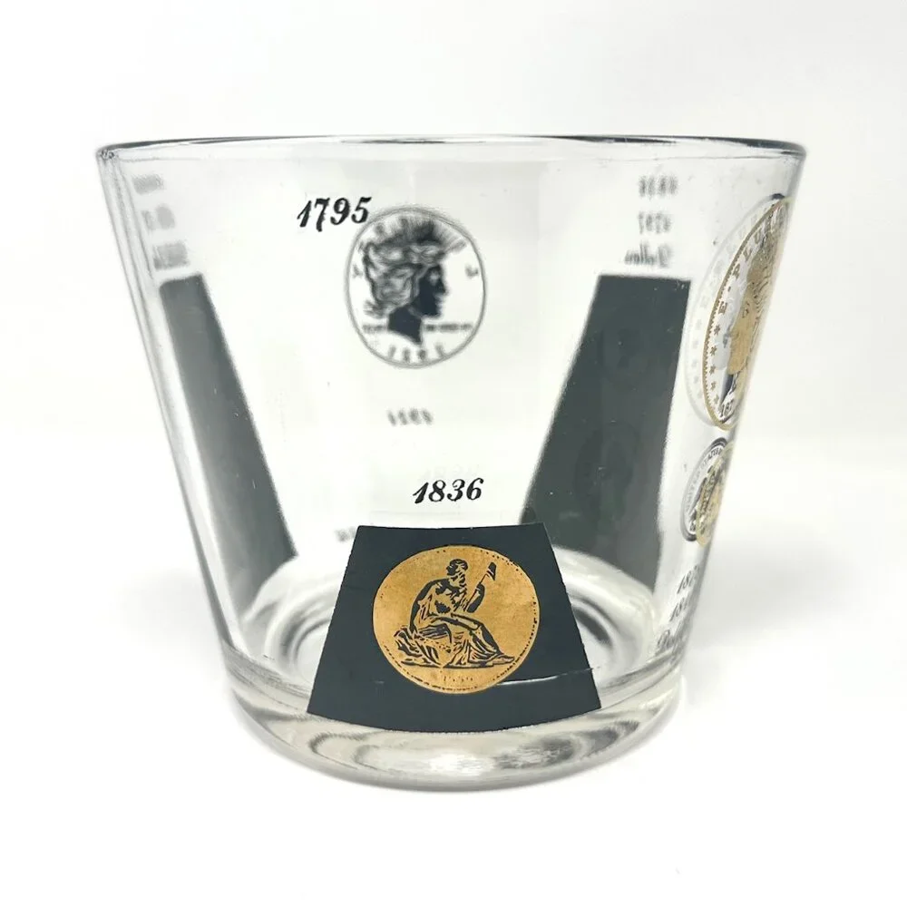 Mid Century Modern Vintage Cera Glass Ice Bucket Coins Design Black Gold